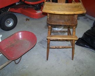 OLD WOODEN HIGH CHAIR & KID'S WHEEL BARROW