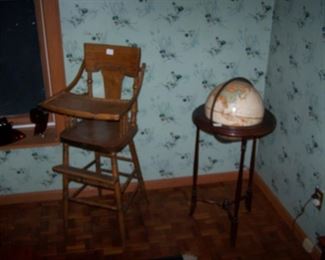 ANTIQUE HIGH CHAIR & STANDING GLOBE