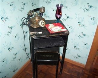 PAINTED TELEPHONE TABLE & SEAT, ONE OF SEVERAL ANTIQUE TELEPHONES