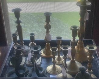 Brass candle stick collection. 