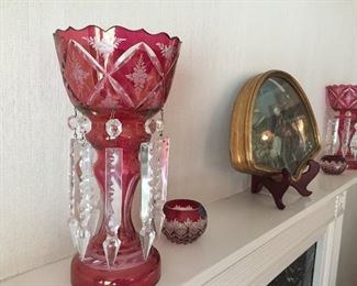 Pair of Antique Bohemian Ruby Mantle/Candle Lusters