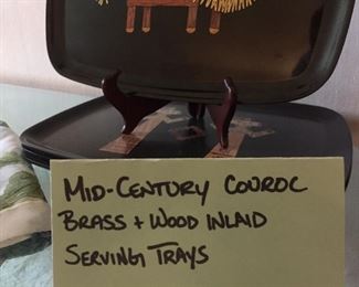 Mid Century Couroc Brass and Wood Inlaid Serving Trays