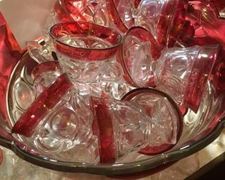 Mid Century Indiana Glass Cranberry/Clear Punch Bowl Set
