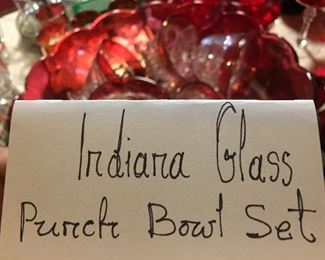 Mid Century Indiana Glass Cranberry/Clear Punch Bowl Set