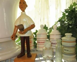 Vintage Italy Wood Carved Pharmacist Figure, Apothecary Jars