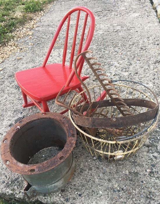 Children’s Rocking chair, egg basket, metal rake heads & Metal works.  