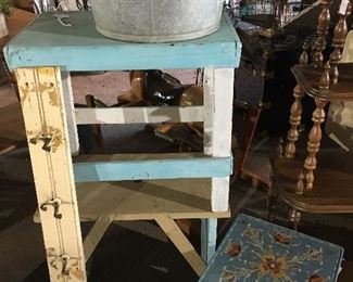 Rosemaling table, vintage benches, galvanized bucket/tub.