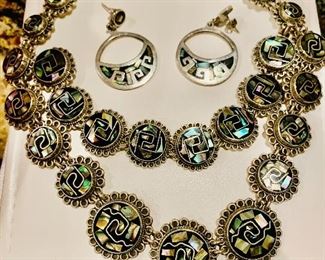 Vintage Mexican sterling inlaid necklace set 