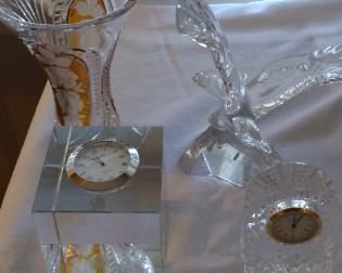 Waterford Crystal mini clock and Crystal vase with a glass hawk