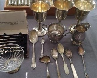 Sterling and Various Silverplate items including a Mother of Pearl Silver plated spoon and Martini glass 