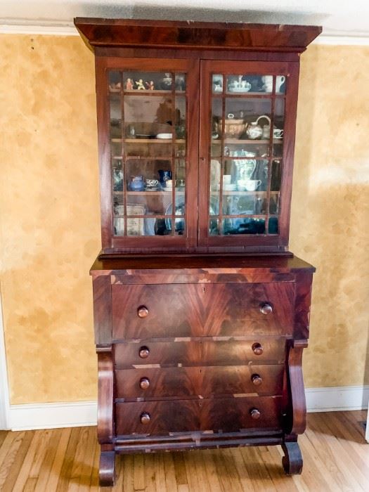 Beautiful Empire secretary. All chips in the wood have been kept for repair/restoration.