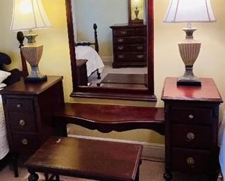 $395   #16 3 pieces dressing table, bench and mirror
mirror   • 65high 29wide 
vanity base   • 30high 64wide 20deep 
bench   • 18high 26wide 14deep 