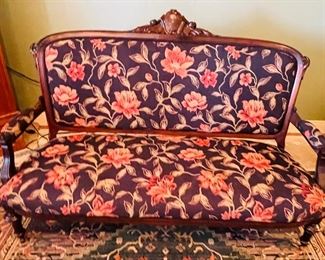 $425   #29 Victorian American setee black upholstery  • 48high 65wide 30deep