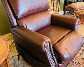 $395   #36 Lift chair brown leather style nailhead • 42high 35wide 40deep