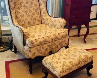 $195   #44 Wing back armchair with ottoman
chair   • 42high 29wide 36deep 
ottoman   • 13high 22wide 12deep