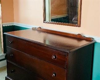 $450   #54 Mahogany 3 drawer chest matching the tall chest upstairs
with mirror 
chest  • 34high 49wide 22deep 
mirror   • 28x37