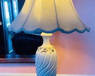 $150   #55 Pair of Porcelain white lamps with floral • 31high 18across 