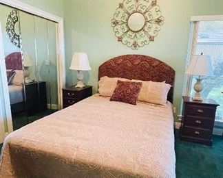 $295   #62 Full size bed headboard, bedskisrt, quilt & 3 pillows   • 24high 62wide 80deep