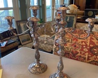 $280 Pair of silver plated candelabras repoussee 