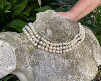 $95 Majorca pearls choker 3 strands with red rhinestones 