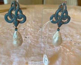 $150 baroque pearls on snake shaped chandelier earrings - costume jewelry - 2 1/2” h 