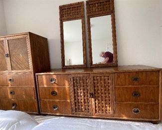 #34___$495
King head, 2 mattresses, dresser, tall chest, lamp table
headboard  • 55 high 84 wide 81 deep
dresser  • 30high 71wide 19deep
two mirrors  • 50 high 20 wide 3deep
armoire  • 55 high 39 wide 19deep
table lamp  • 54high 15across
Glass lamp  • 23high