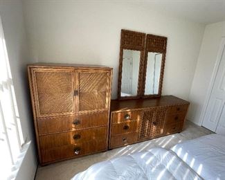 #34___$495
King head, 2 mattresses, dresser, tall chest, lamp table
headboard  • 55 high 84 wide 81 deep
dresser  • 30high 71wide 19deep
two mirrors  • 50 high 20 wide 3deep
armoire  • 55 high 39 wide 19deep
table lamp  • 54high 15across
Glass lamp  • 23high