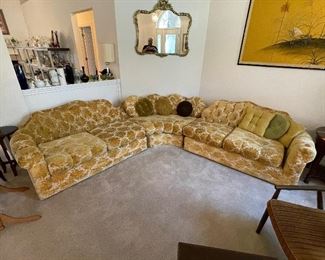 #15___$250
wrap around sofa yellow velours floral pattern • 30high 102bisecting the angle 36deep