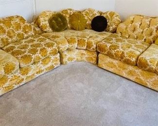 #15___$250
wrap around sofa yellow velours floral pattern • 30high 102bisecting the angle 36deep