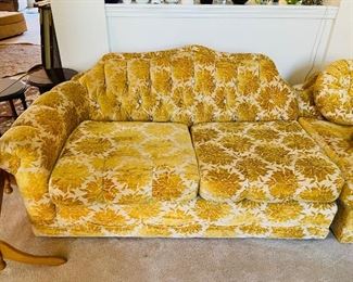 #15___$250
wrap around sofa yellow velours floral pattern • 30high 102bisecting the angle 36deep