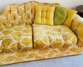 #15___$250
wrap around sofa yellow velours floral pattern • 30high 102bisecting the angle 36deep