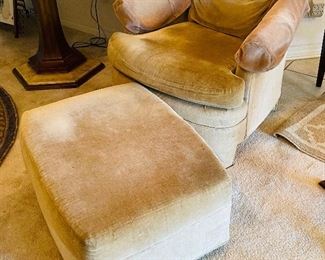#17___$80
Tan velour chair and ottoman (need steaming)
chair • 29high 31wide 36deep 
ottoman  • 13high 32wide 21deep
