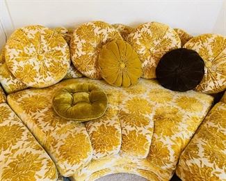 #15___$250
wrap around sofa yellow velours floral pattern • 30high 102bisecting the angle 36deep
