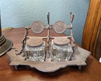 Antique Cast Iron Double Inkwell Set