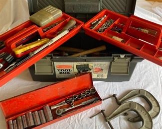 Toolbox Full of Tools, Socket Set, and C Clamps