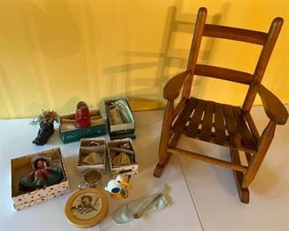 Vintage Childs Rocking Chair, Dolls, Shoes, and More