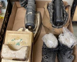 Tin Match Safe/ Old Children's Shoes/Irons