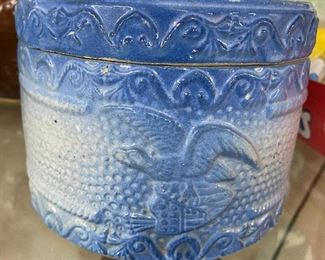 Old Blue and White Eagle with Shield Lidded Salt Box 