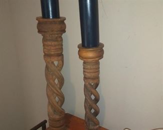 Pair Wooden Twisted Candleholders $20