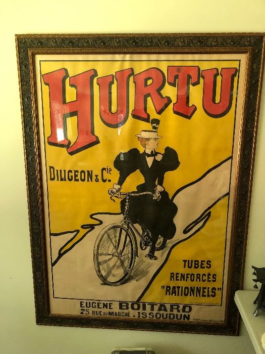 Huge original size and stamped original issue French Hurtu poster, framed