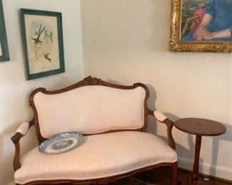 19th c settee, painted table, Gould engravings