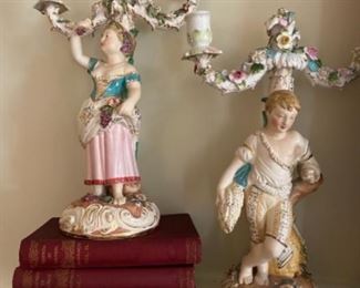 Dresden style porcelain figural candlesticks