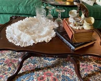 Coffee table, vintage linens and stemware