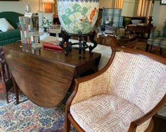 Drop leaf table, side chair, Asian fishbowl on stand, contemporary lamp, vintage glassware