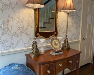 Huntboard, federal style mirror, buffet lamps