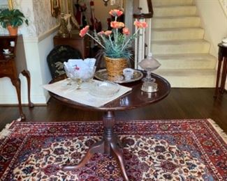 Reproduction pie crust table, brilliant cut glass, handmade rug
