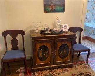 Chinoiserie style chest, rug, pair of side chairs