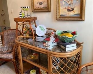 Rattan console and side chairs