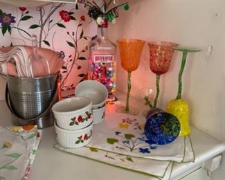 Hand blown wine glasses, vintage kitchen and bar items