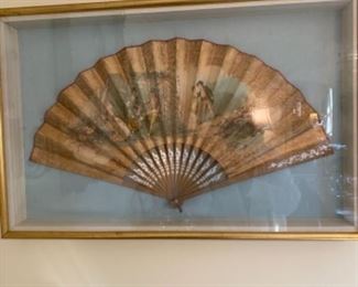 Hand painted fan in shadow box frame